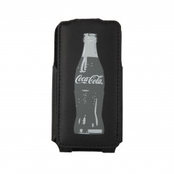 Coque étui Coca-Cola Grey Bottle pour iPhone 4 / 4S avec logo et bouteilles gris, coloris noir (ouverture verticale)
