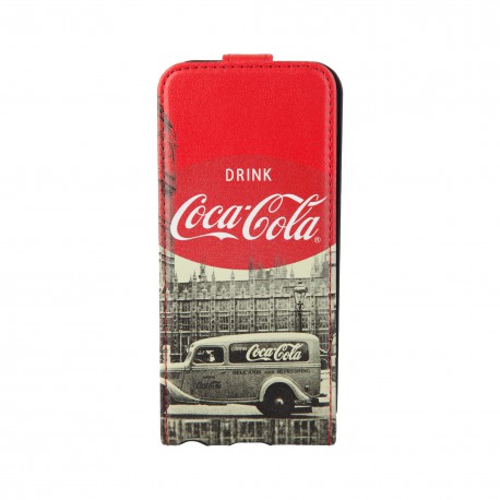 Coque étui Coca-Cola City Cab pour iPhone 5 / 5S, coloris blanc avec impressions noir/blanc (ouverture verticale)